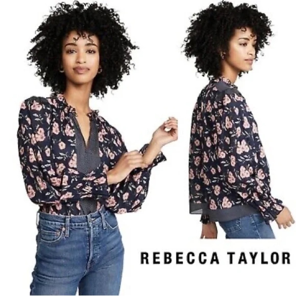 Rebecca Taylor La Vie Adelle Scarf Print Top Navy Floral Sheer Cotton XS